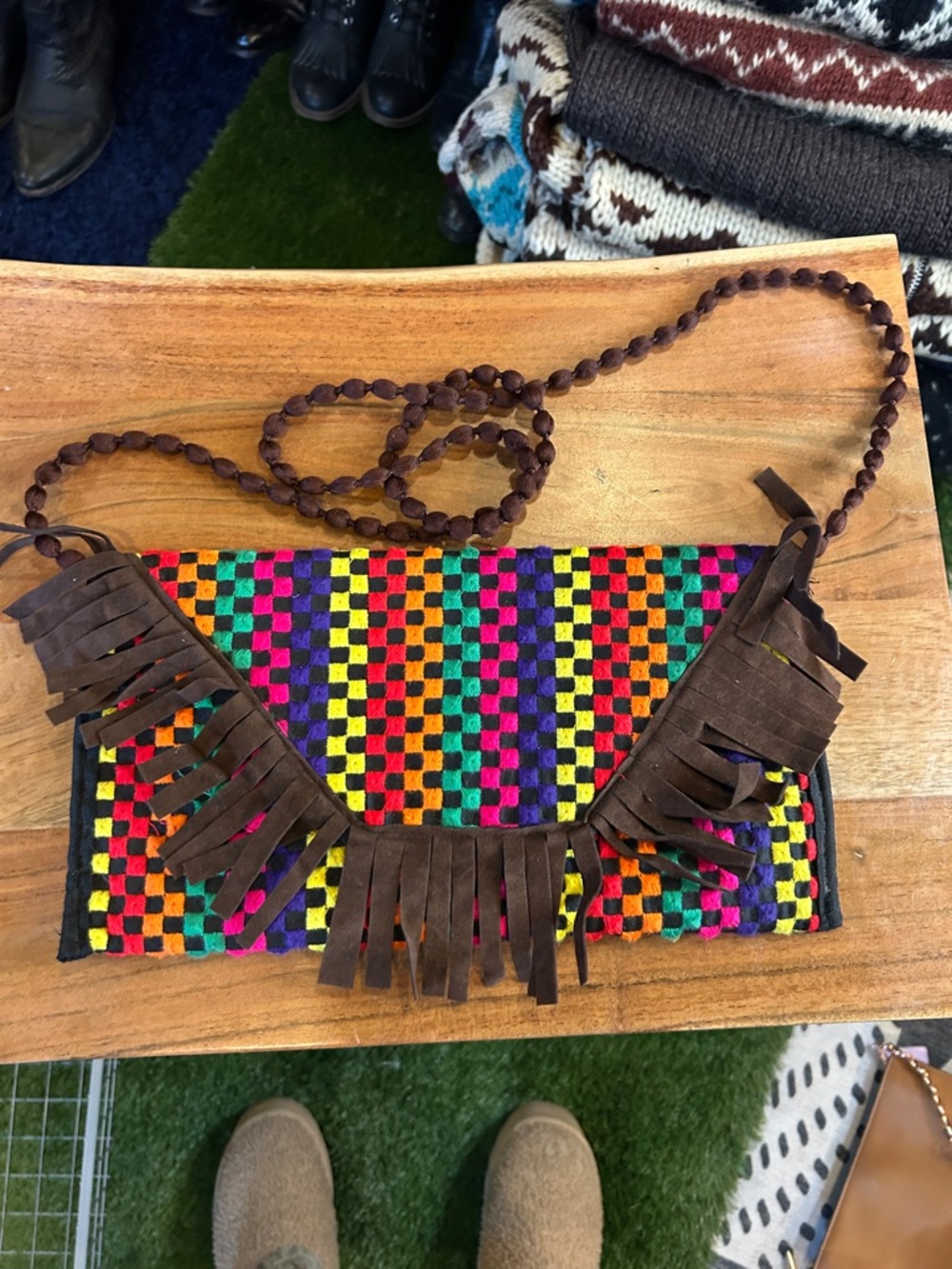 Boho Multicolor Woven Fringe Crossbody Bag - Brown Trim